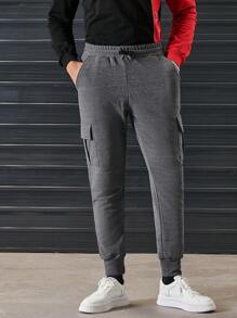 RueChic Men Flap Pocket Side Sweatpants - Dark Grey - View 5