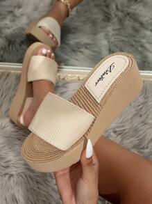 時尚度假風格女拖鞋,帶有楔形跟和厚實鞋底 - 米色 - 查看 1