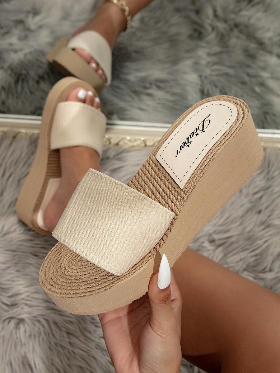時尚度假風格女拖鞋,帶有楔形跟和厚實鞋底 - 米色 - 查看 1