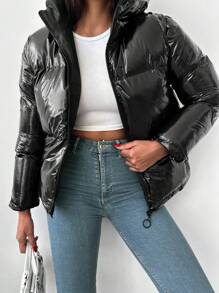 EURMUSE Zip Up Puffer Coat - Black - View 3