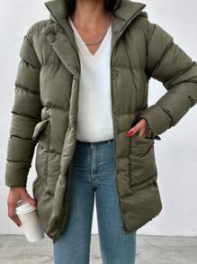 EURMUSE Dual Pocket Puffer Coat - Dark Green - View 1