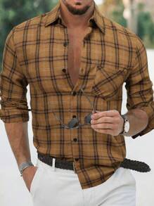 Manfinity Homme Nam In kẻ sọc Vá Túi Áo khoác kiểu sơ mi - Màu Khaki - Xem 1