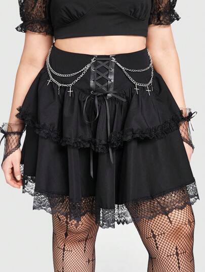Grunge Punk Plus Size Women Punk Style Cross Metal Decorated Ruffle Hem Skirt