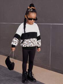 女小童豹紋圖案撞色毛絨套頭衫 - 彩色 - 查看 4