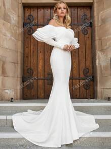 Faeriesty Off Shoulder Ruffle Trim Floor Length Wedding Dress White Elegant Long Sleeve Bridal Dress,Bride