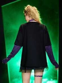 Beetlejuice | ROMWE 2 In 1 Striped Sleeve Letter Graphic Tee - Black - View 3