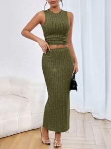 SHEIN Essnce Chất rắn Crop Tank Top & Váy bút chì - xanh quân đội - Xem 4