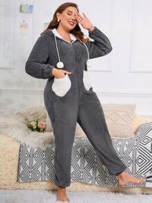 可愛口袋 拉鍊撞色大碼睡衣連體褲 - 灰色 - 查看 6