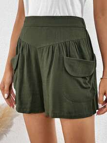 SHEIN LUNE High Waist Dual Pocket Shorts - Army Green - View 5