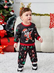 SHEIN Baby Boy Christmas Printed Color Block Sweatshirt & Jogger Pants Set