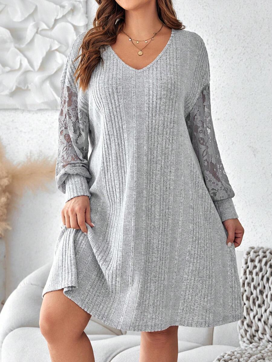 SHEIN LUNE Plus Contrast Lace Drop Shoulder Dress - Light Grey - View 1