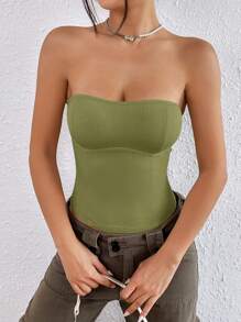 SHEIN EZwear Solid Ribbed Knit Tube Top - Army Green - View 4