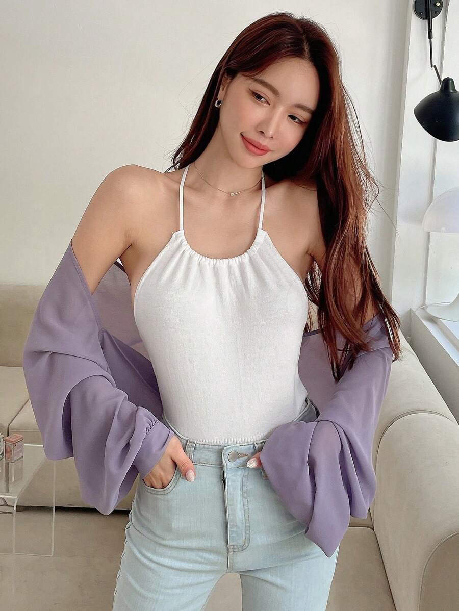 DAZY Áo len cổ yếm hở lưng màu trơn thu đông - trắng - Xem 1