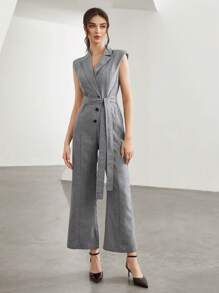 Seusyu 缺口領單排釦腰帶連身褲 - 灰色 - 查看 5