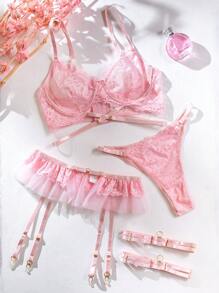 Set de lencería con encaje floral con aro con liga - Rosa - Ver 1