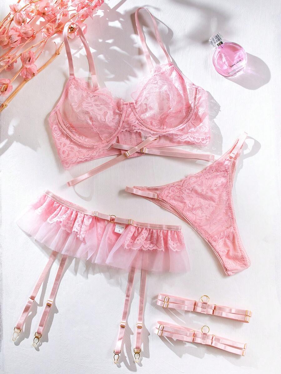 Set de lencería con encaje floral con aro con liga - Rosa - Ver 1