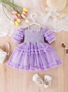 Baby Girl Cold Shoulder Frill Trim Mesh Overlay Dress - Purple - View 2