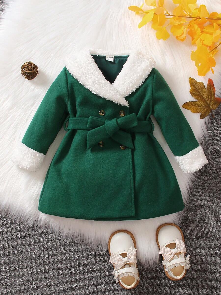 女嬰羊絨領口雙排釦腰帶花呢外套 - 綠色 - 查看 1