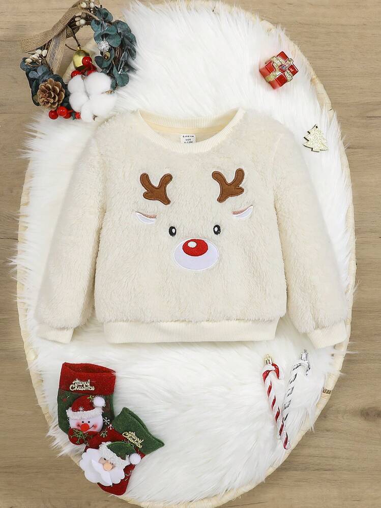 SHEIN Bebé niño Sudadera alce de Navidad con bordado teddy para Navidad - Beis - Ver 1