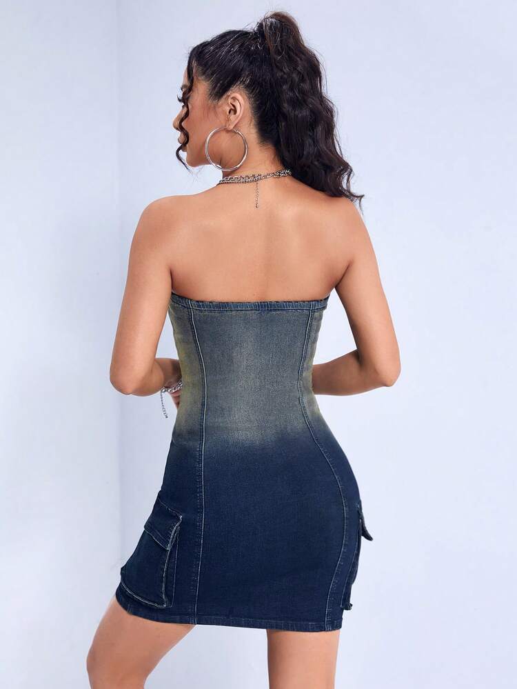 Ombre Flap Pocket Side Tube Denim Dress