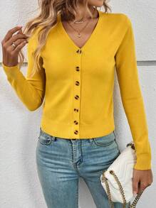 SHEIN Frenchy Solid Button Front Cardigan,Long Sleeve Tops,Knitted Sweater In Fall/Winter Casual