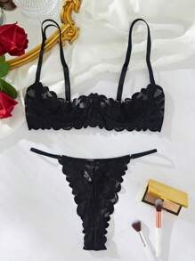Floral Lace Scallop Trim Underwire Lingerie Set - Black - View 2