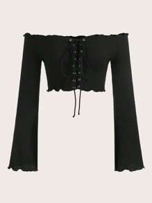 ROMWE PUNK Off Shoulder Lace Up Front Crop Tee, School - Black - View 1