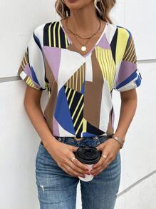 SHEIN LUNE Geo Print Batwing Sleeve Blouse - Multicolor - View 6