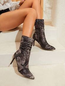 SheIn VCAY Women's Fashionable Elegant Snake Pattern High Heel Boots With Pleated Design - Multicolor - View 4