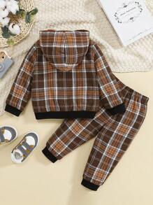 SHEIN Baby Boy Plaid Print Zip Up Hooded Teddy Lined Jacket & Pants