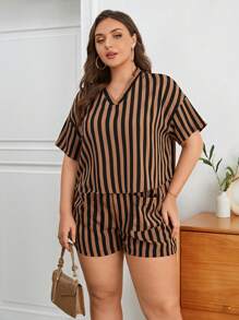 SHEIN Essnce Hơn In sọc Thả vai Áo & quần short - màu nâu - Xem 5