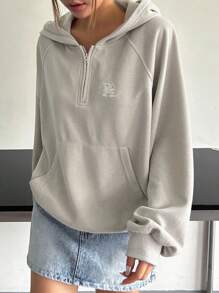 DAZY Letter Embroidery Raglan Sleeve Half Zip Hoodie,Long Sleeve Tops Sweatshirt - Grey - View 5