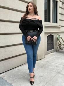 SHEIN Essnce Plus Off Shoulder Twist Front Bodysuit - Black - View 5