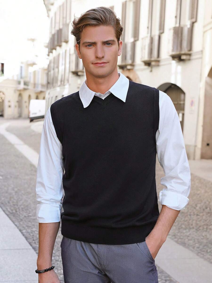SHEIN Cottnline Men Solid Sweater Vest Without Shirt - Black - View 1