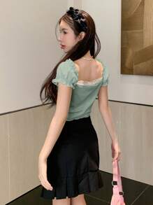 DAZY 蕾絲拼接雞心領褶邊緊身上衣短款T恤 - 綠色 - 查看 4