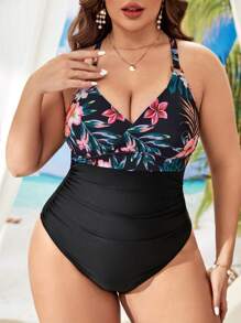 SHEIN Swim Curve Summer Beach Plus Tropical Print Ruched One Piece Swimsuit