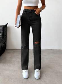 SHEIN Cottnline Ripped Straight Leg Jeans - Black - View 3