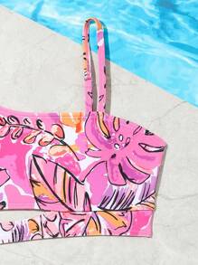 Tween Girl Tropical Print Asymmetrical Neck Bikini Set Summer Beach - Multicolor - View 3
