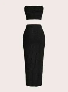 SHEIN EZwear Solid Tube Top & Pencil Skirt - Black - View 2
