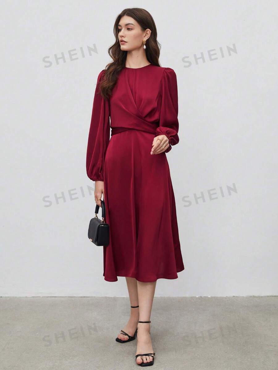 BizChic Vestido midi de línea A con fruncido en la parte delantera para mujeres, de color rojo sólido, manga larga, ropa elegante de mujer, para otoño