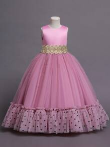 Tween Girl Polka Dot Lace Panel Ruffle Hem Party Dress - Pink - View 4