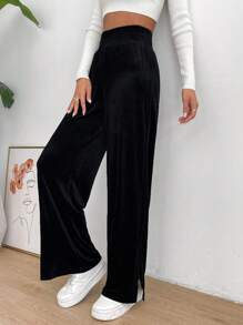 SHEIN Essnce Pantalones rectos divididos con cintura alta elástica unicolor casuales para mujeres