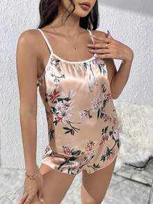 印花緞面吊帶背心和短褲睡衣套裝 - 香檳色 - 查看 5