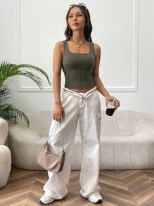 SHEIN EZwear 素色短款背心 - 軍綠色 - 查看 6