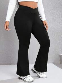 SHEIN EZwear Plus Solid Flare Leg Pants - Black - View 2