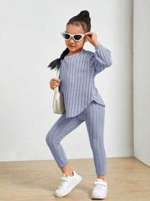 SHEIN Young Girl Drop Shoulder Ribbed Knit Tee & Leggings