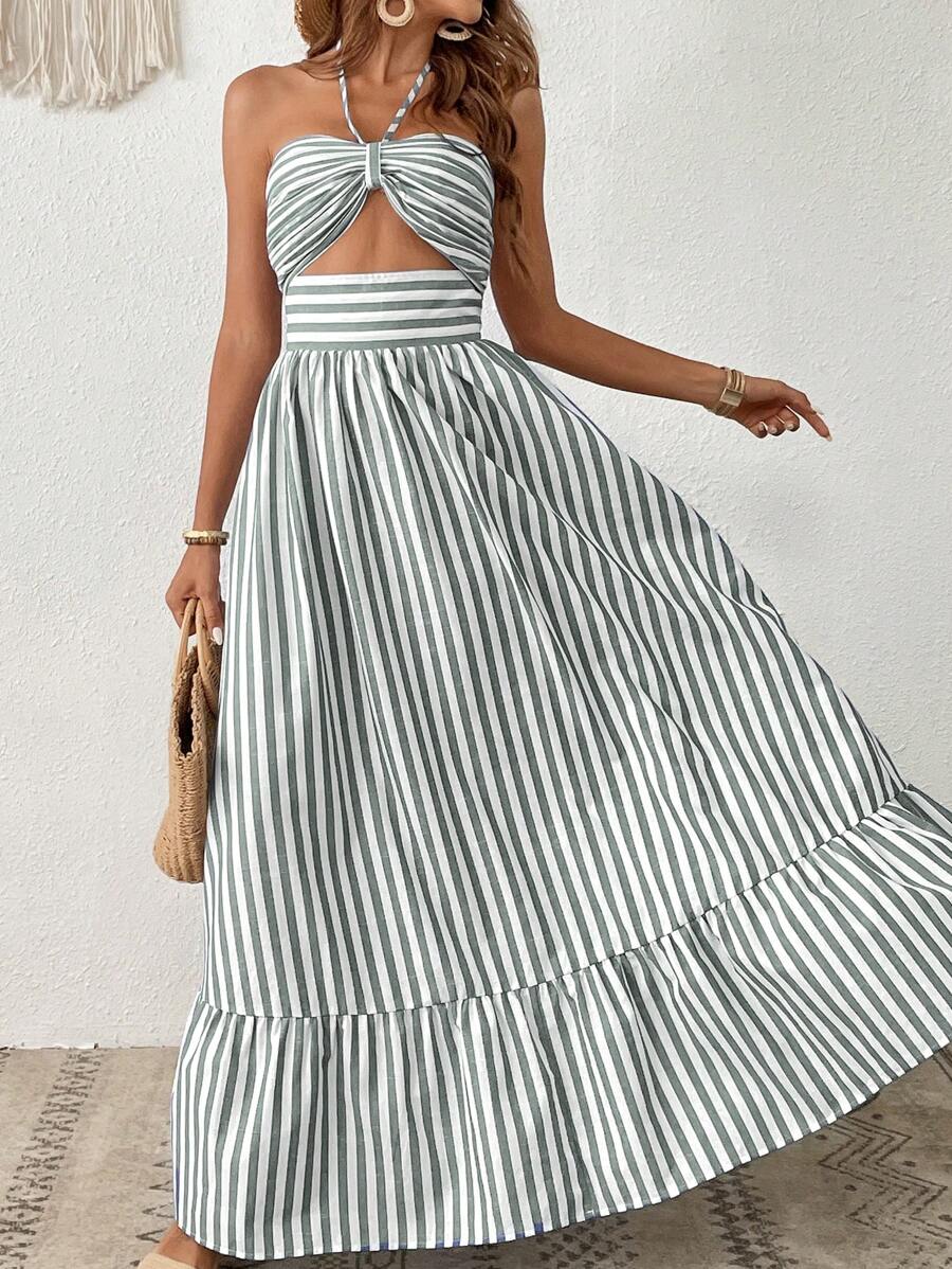 SHEIN VCAY Striped Print Cut Out Ruffle Hem Halter Dress