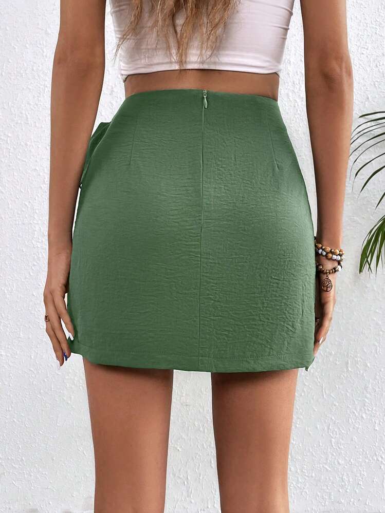 SHEIN VCAY Falda cruzada unicolor con nudo lateral - Verde - Ver 2