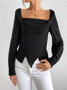 SHEIN Essnce Square Neck Asymmetrical Hem Blouse - Black - View 3