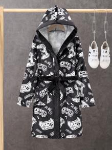 SHEIN Tween Boy 长款电子游戏图案连帽法兰绒睡衣（配腰带），秋季 (9)，冬季 (2)，黑色，白色 - 黑色 - 查看 2